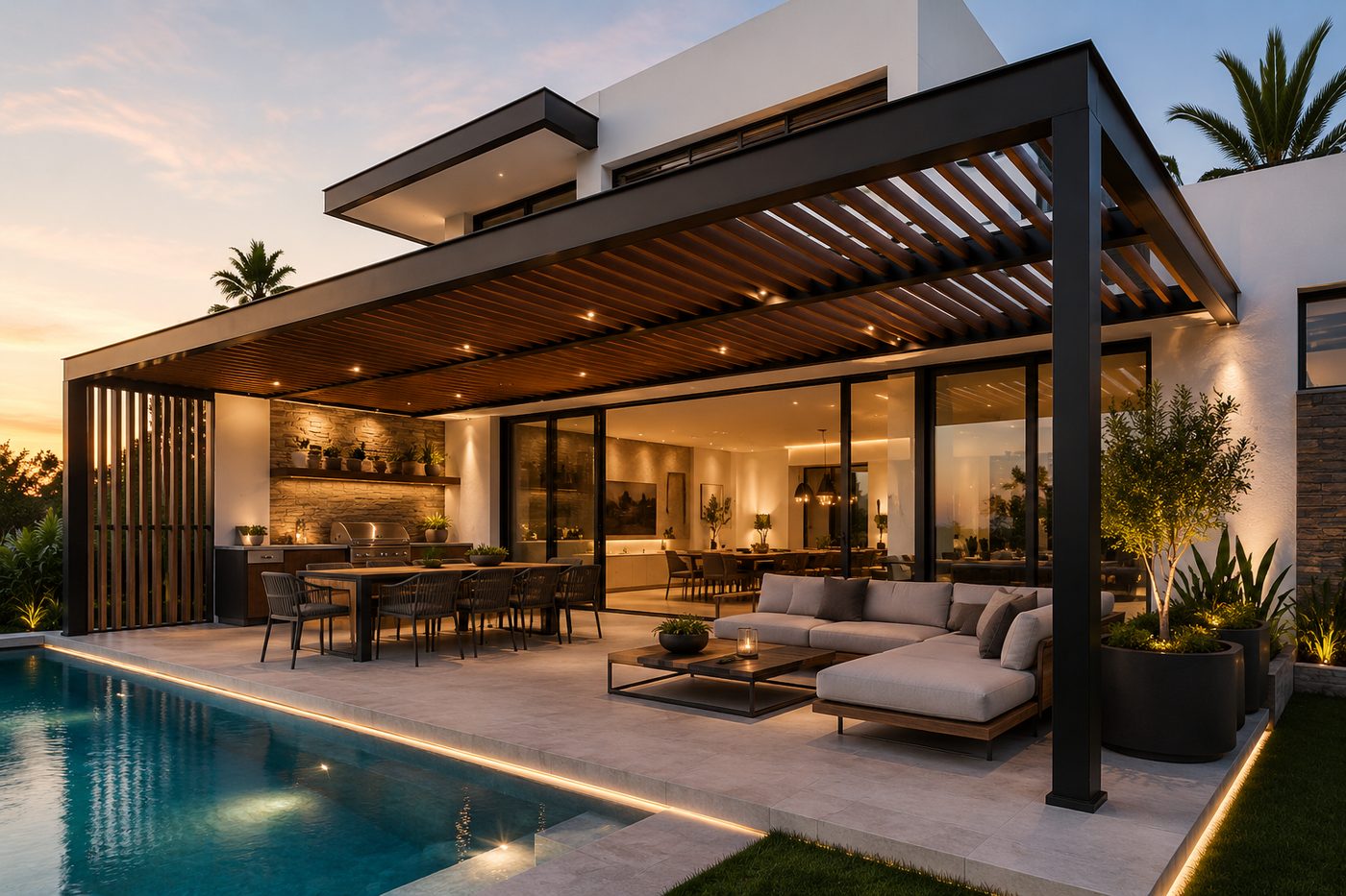 Pérgola de aluminio Perfiletto sobre área de alberca residencial